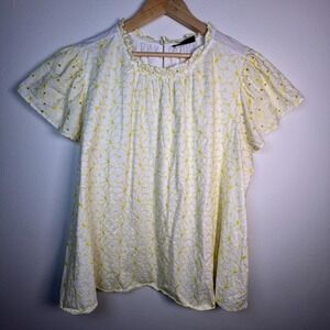 Lane Bryant 22/24 Yellow Embroidered Blouse Plus Size White Summer Top